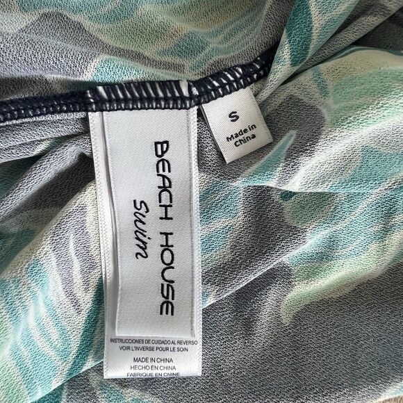 Beach House Swim Cover Up Dress Women Medium Blue Long Sleeve Palm Floral NEW - Picture 3 of 14